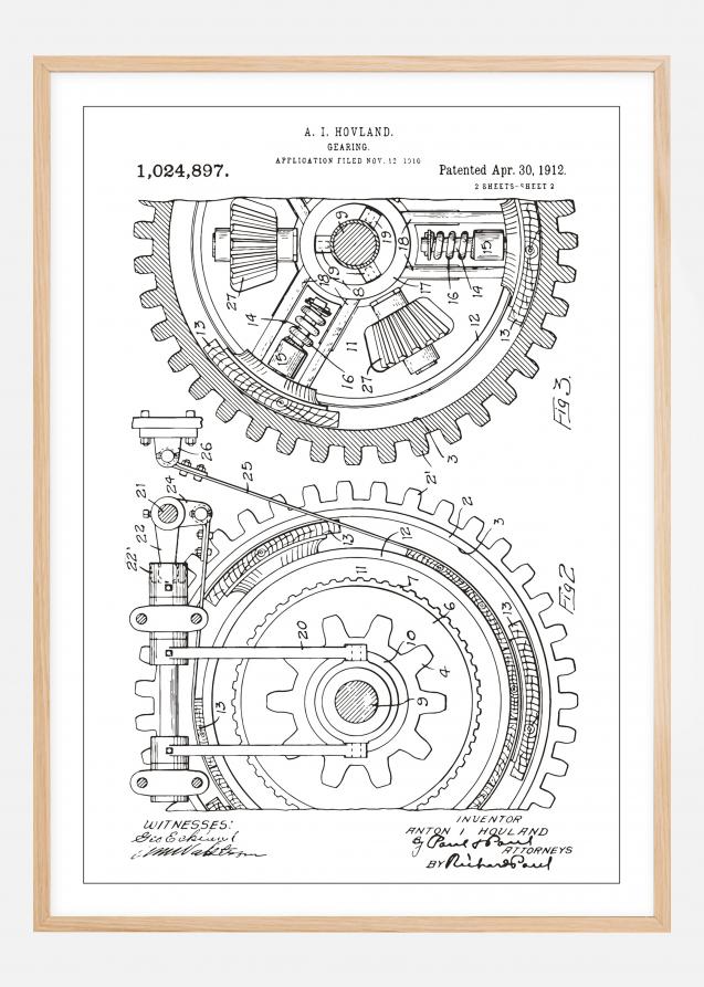 Patenttegning - Gear - Hvid Plakat