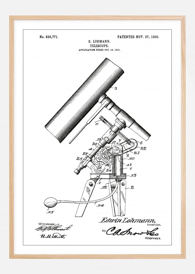 Patenttegning - Teleskop - Hvid Plakat