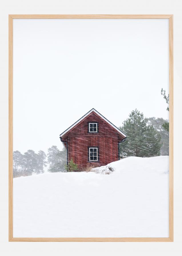 Old red house during snowstorm Plakat