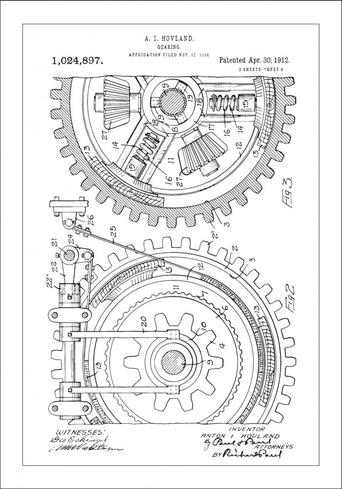 Patenttegning - Gear - Hvid Plakat