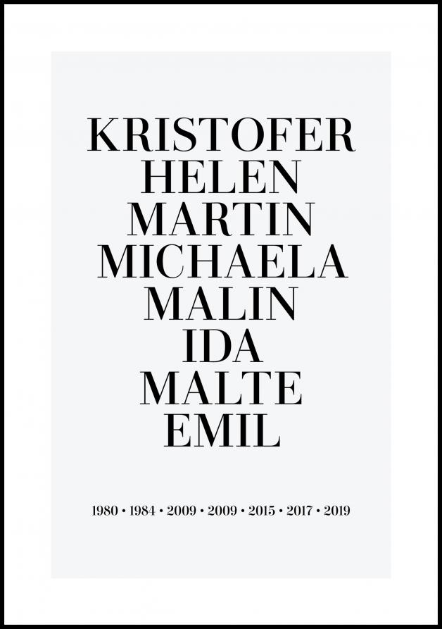 Familietavle - 8 Fødselsår & Navn - Grå