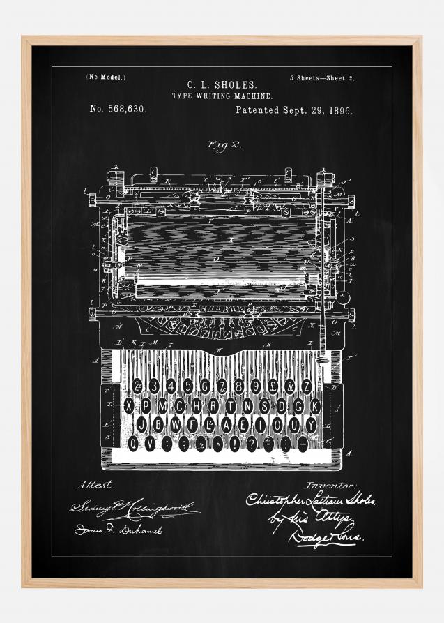 Patenttegning - Skrivemaskine - Sort Plakat