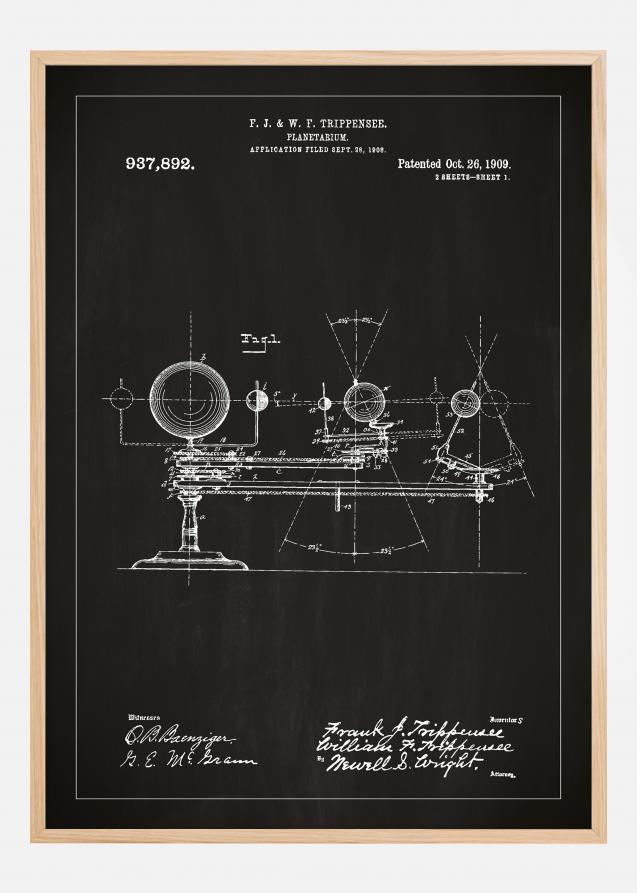 Patenttegning - Planetarium - Sort Plakat