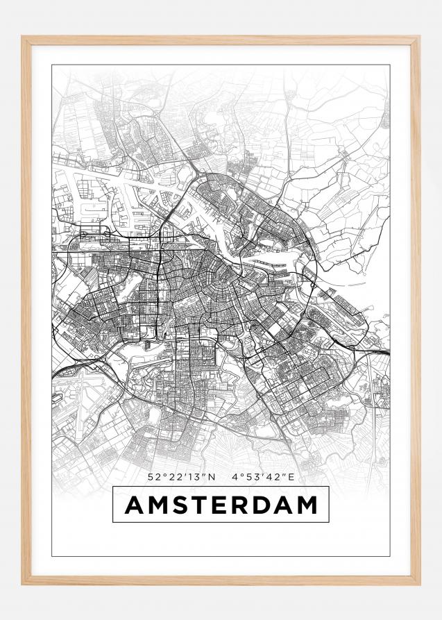 Kort - Amsterdam - Hvid Plakat