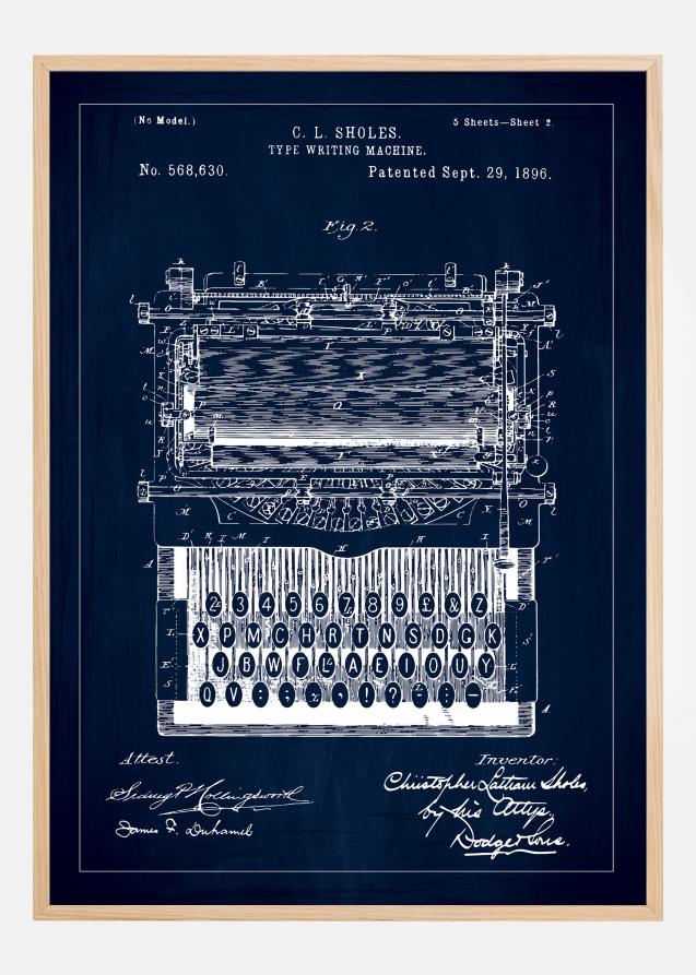 Patenttegning - Skrivemaskine - Blå Plakat