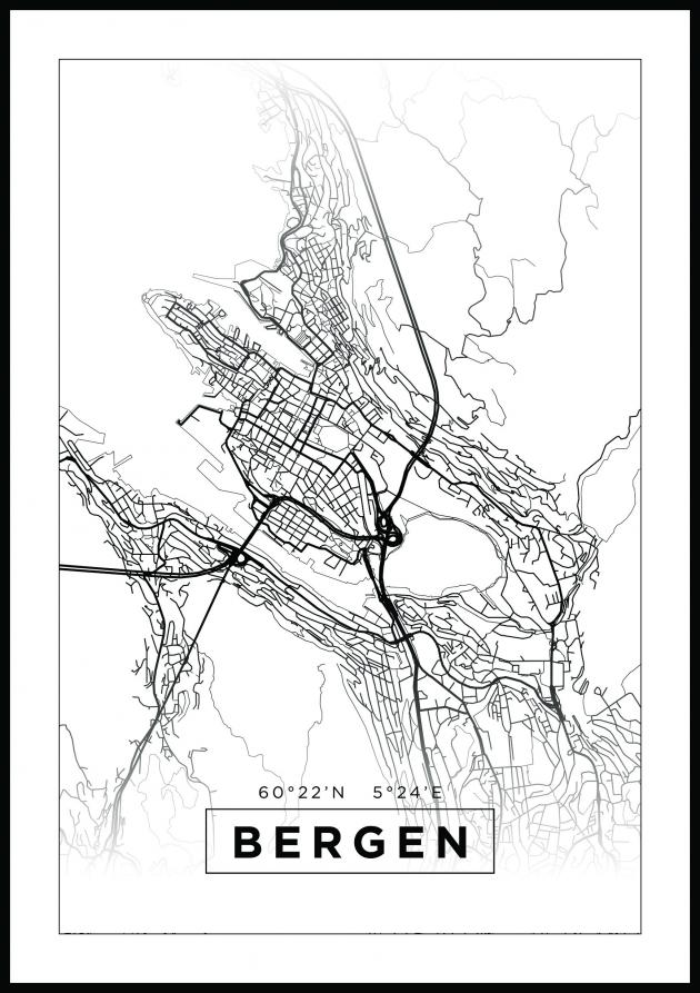 Kort - Bergen - Hvid Plakat