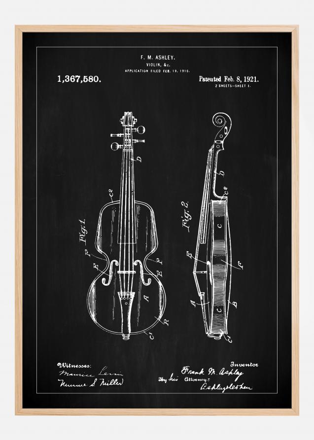 Patenttegning - Violin - Sort Plakat