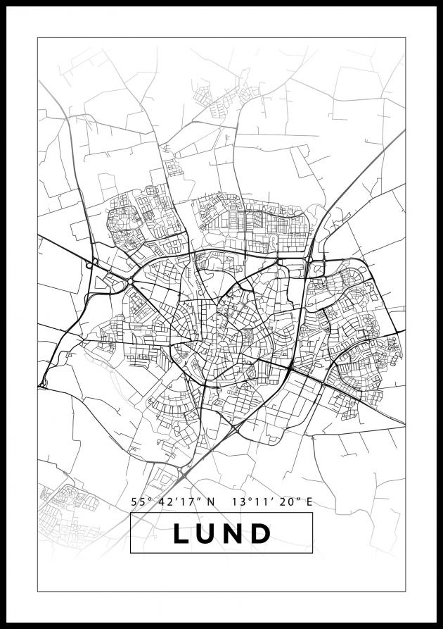 Kort - Lund - Hvid Plakat
