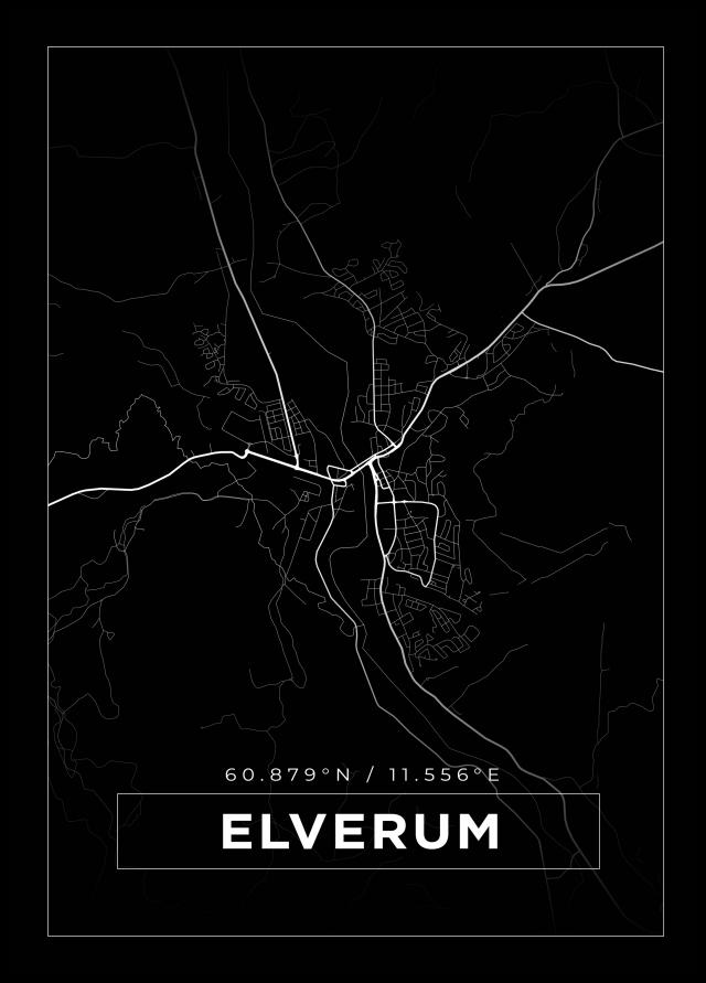 Kort - Elverum - Sort Plakat