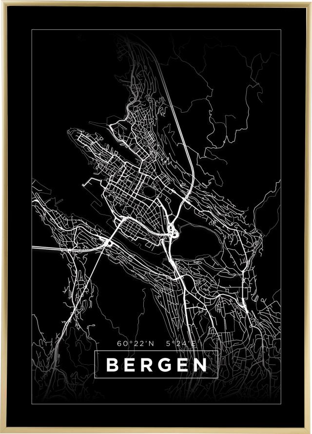 Kort - Bergen - Sort Plakat