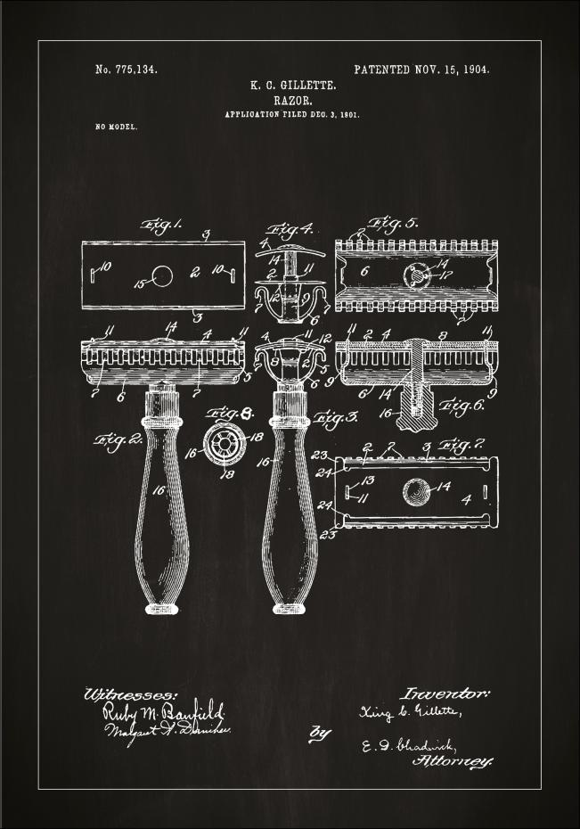 Patenttegning - Barberskraber - Sort Plakat