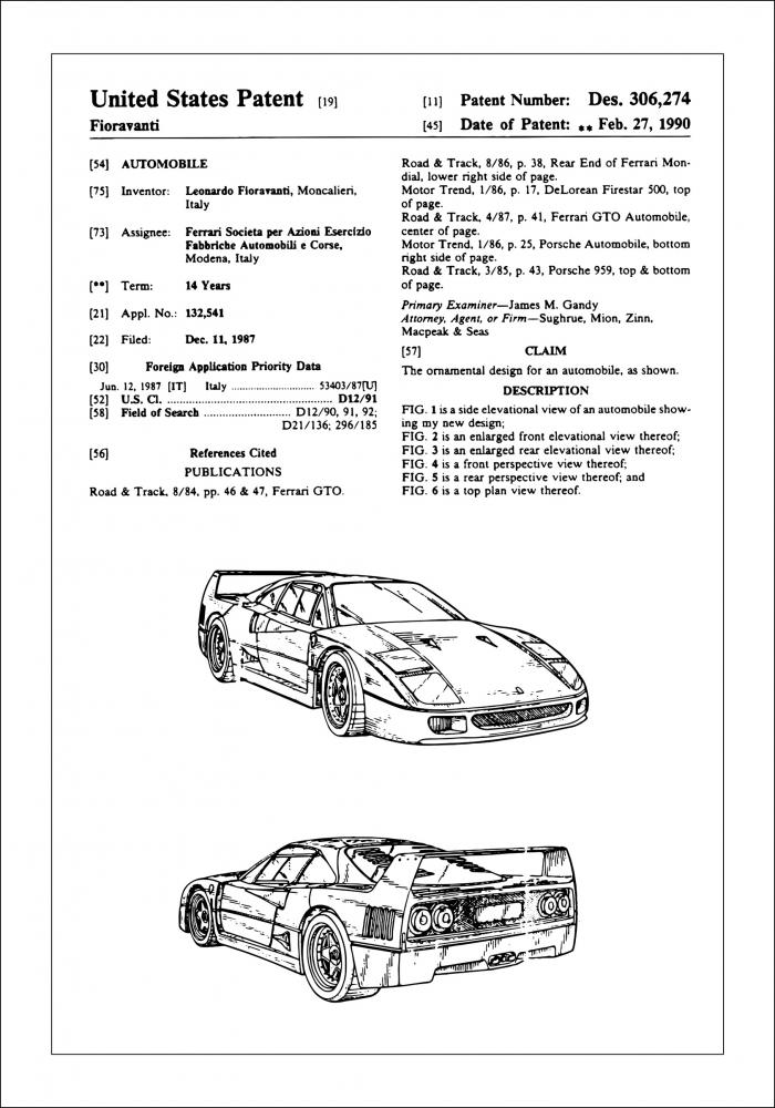 Patenttegning - Ferrari F40 I Plakat