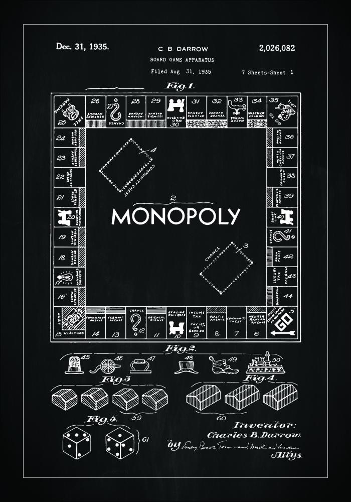 Patenttegning - Monopoly I - Sort Plakat