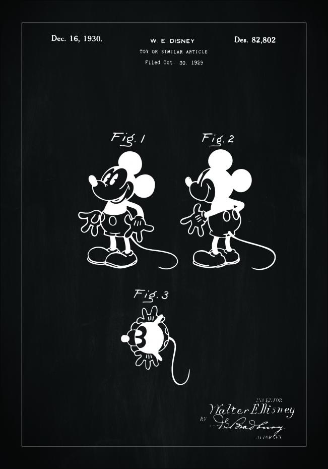 Patenttegning - Disney - Mickey Mouse - Sort Plakat