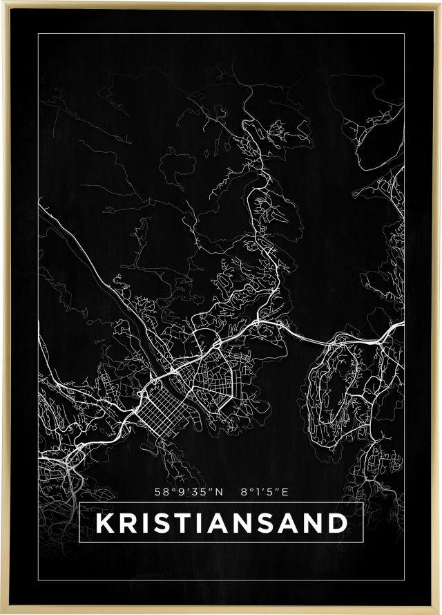 Kort - Kristiansand - Sort Plakat