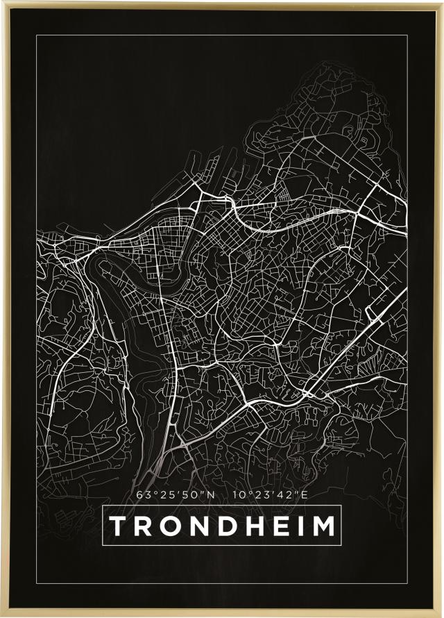 Kort - Trondheim - Sort Plakat