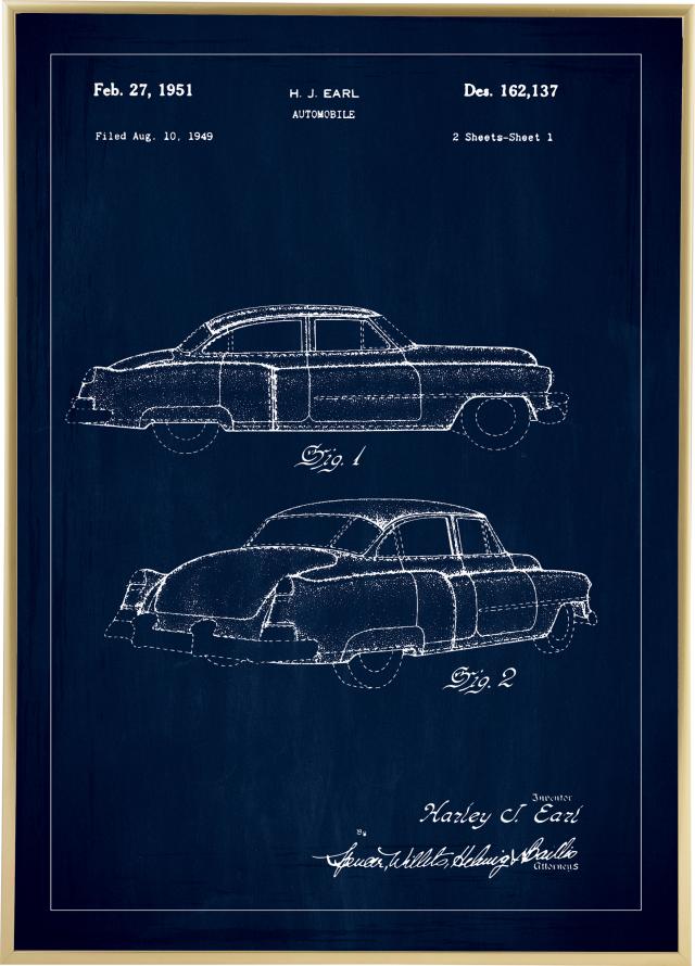Patenttegning - Cadillac I - Blå Plakat