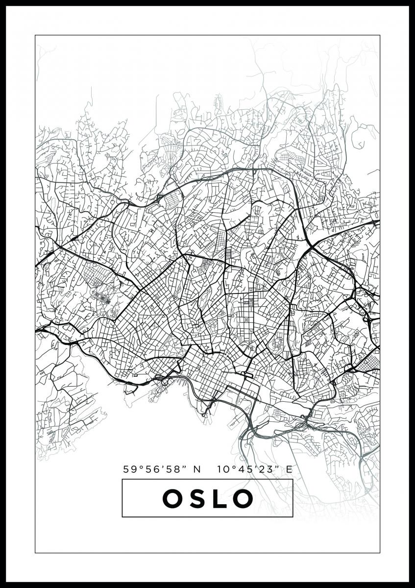 Bykort plakat Oslo - Flot, hvid plakat med kort over Oslo
