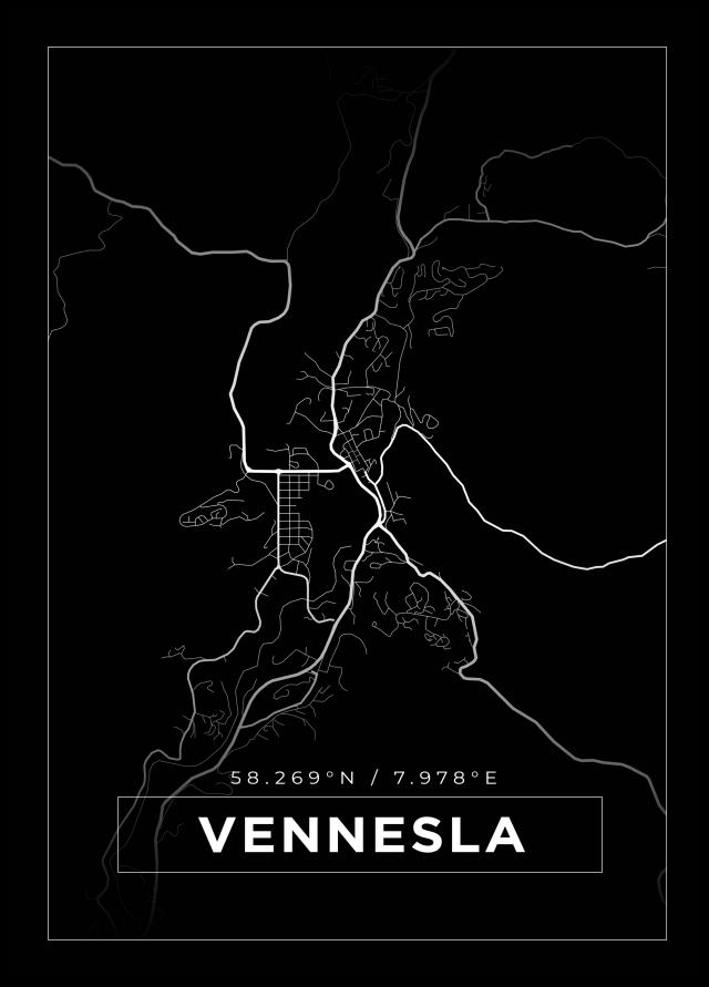 Kort - Vennesla - Sort Plakat