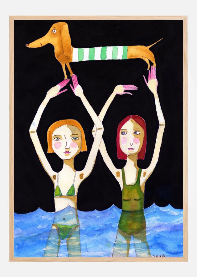 Swimming Girls with Sausage Dog Plakat