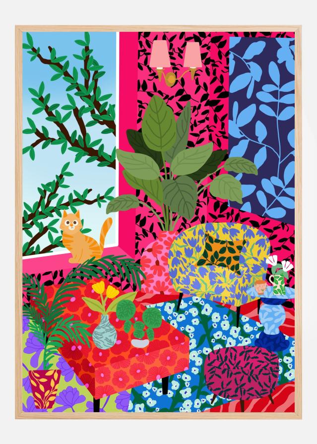 Cat in Flower Power Livingroom Plakat