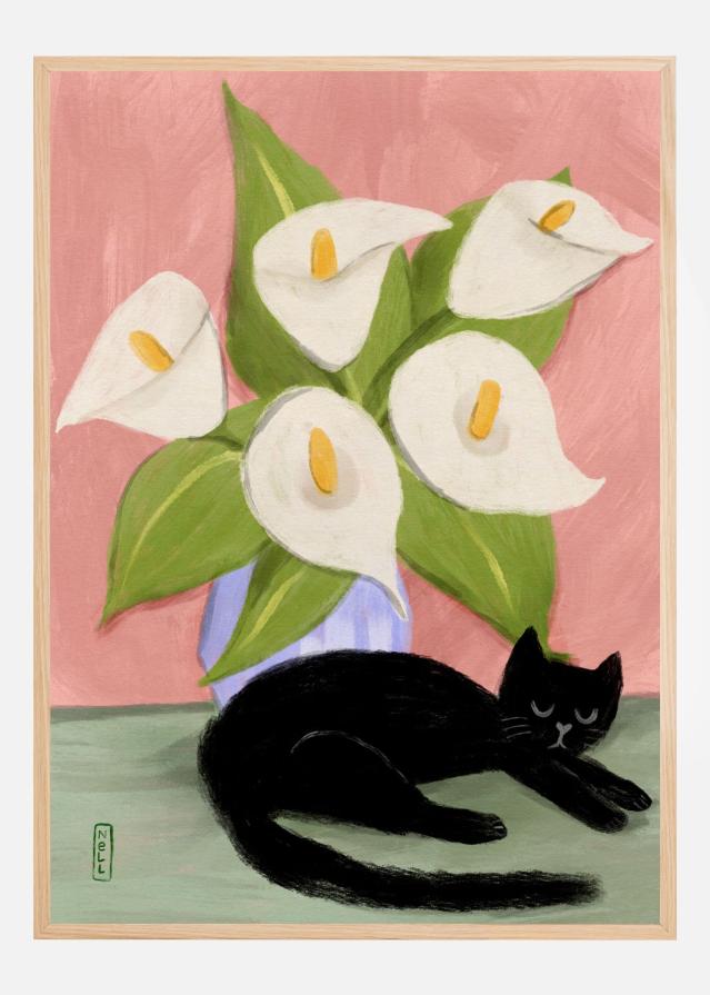 Lilies In a Vase and a Black Cat - Still Life Plakat