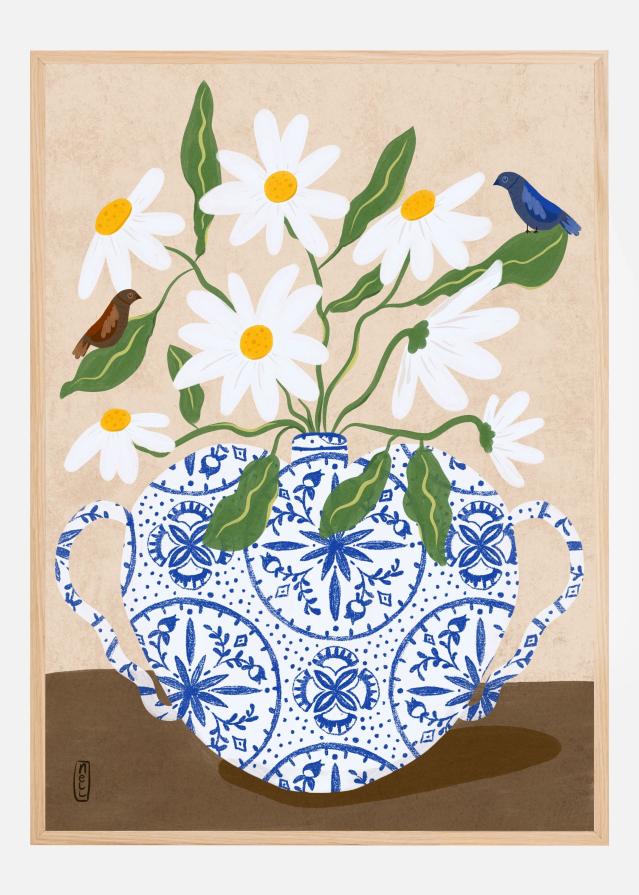 White Flowers in a Vase with Birds Plakat