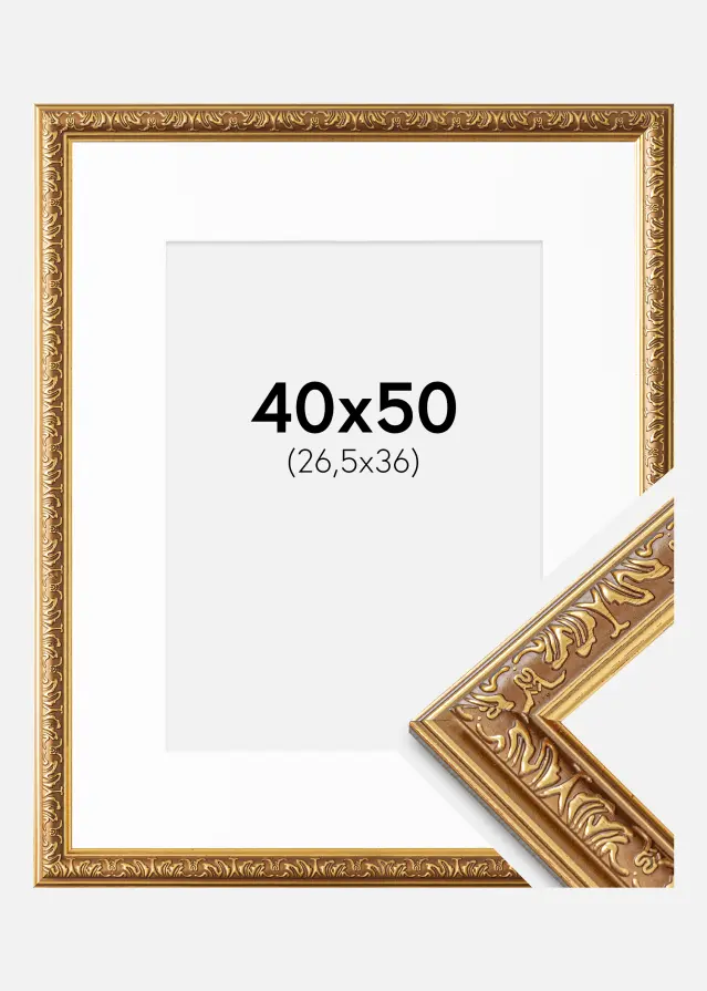 Ramme Swirl Guld 40x50 cm - Passepartout Hvid 27,5x37 cm