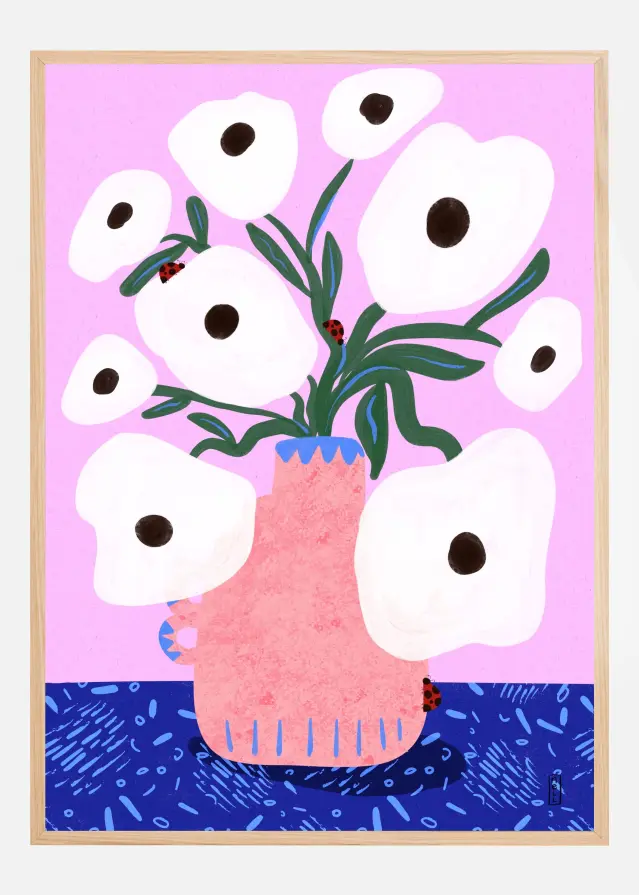 White Poppies and Ladybirds Floral Plakat