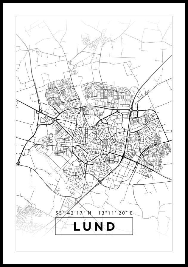 Kort - Lund - Hvid Plakat