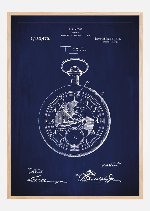 Patenttegning - Lommeur - Blå Plakat