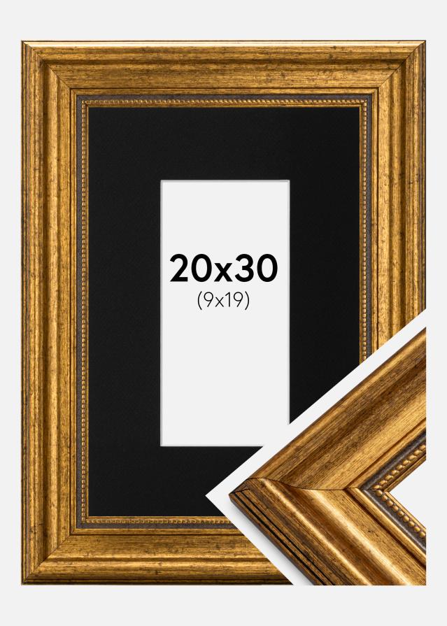 Ramme Rokoko Guld 20x30 cm - Passepartout Sort 10x20 cm