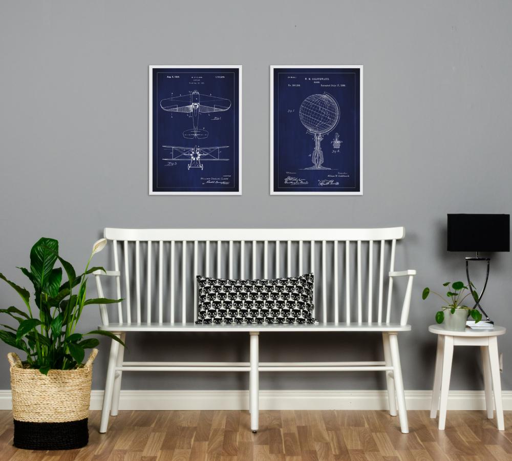 Patenttegning - Jordglobe - Blå Plakat