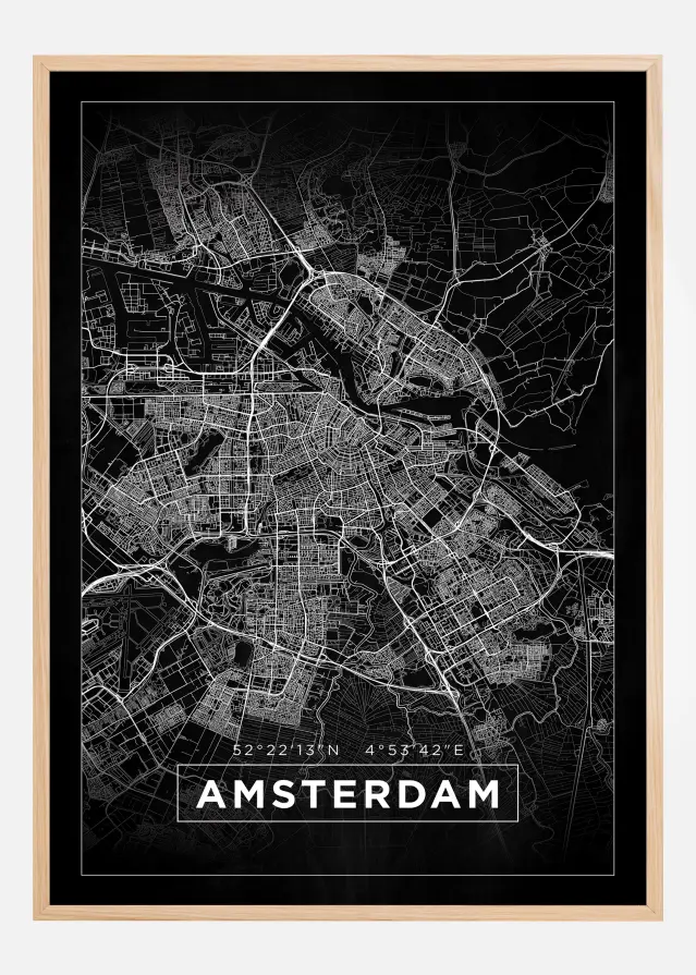 Kort - Amsterdam - Sort Plakat