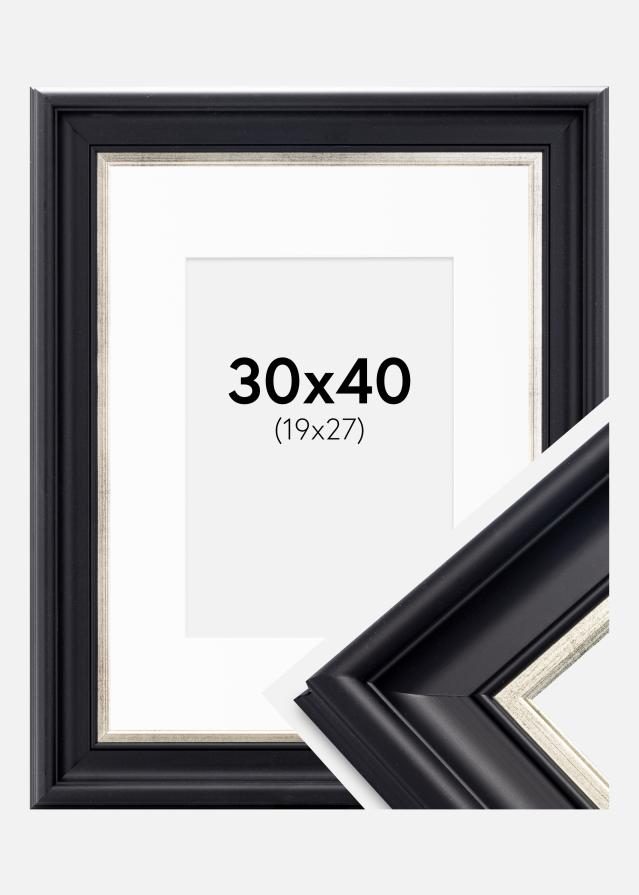 Ramme Dalarna Sort-Sølv 30x40 cm - Passepartout Hvid 20x28 cm
