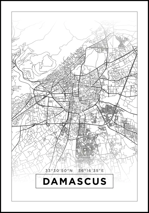 Kort - Damascus - Hvid Plakat
