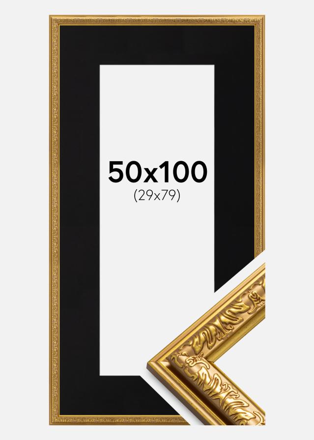Ramme Nostalgia Guld 50x100 cm - Passepartout Sort 30x80 cm