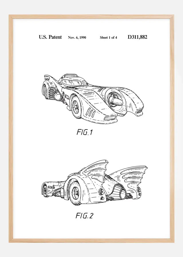 Patenttegning - Batman - Batmobile 1990 I Plakat