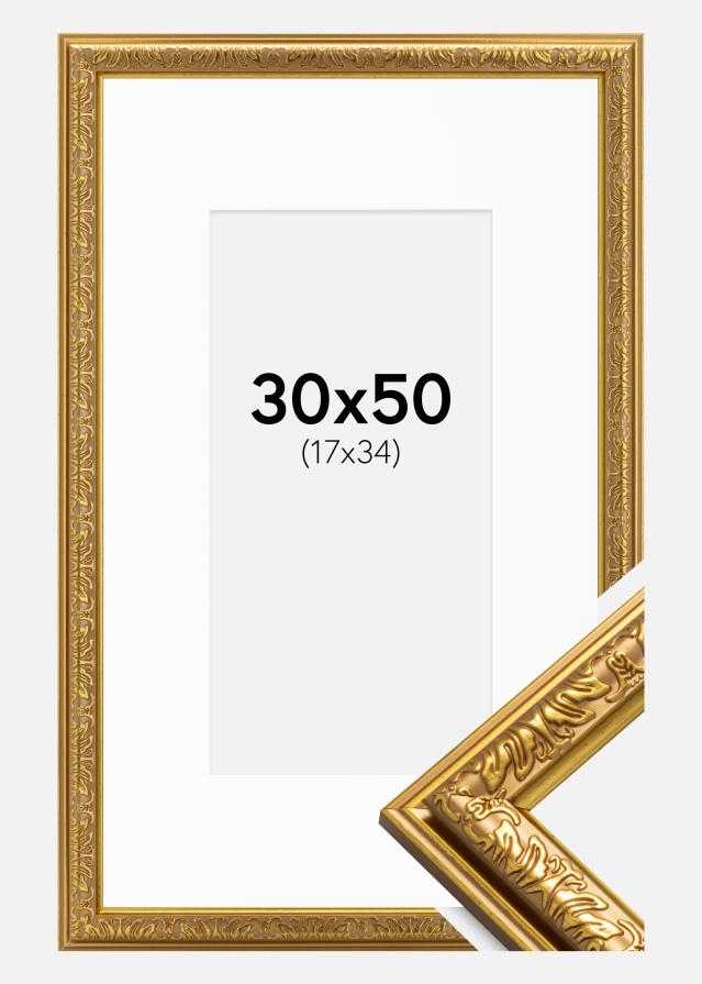 Ramme Nostalgia Guld 30x50 cm - Passepartout Hvid 18x35 cm