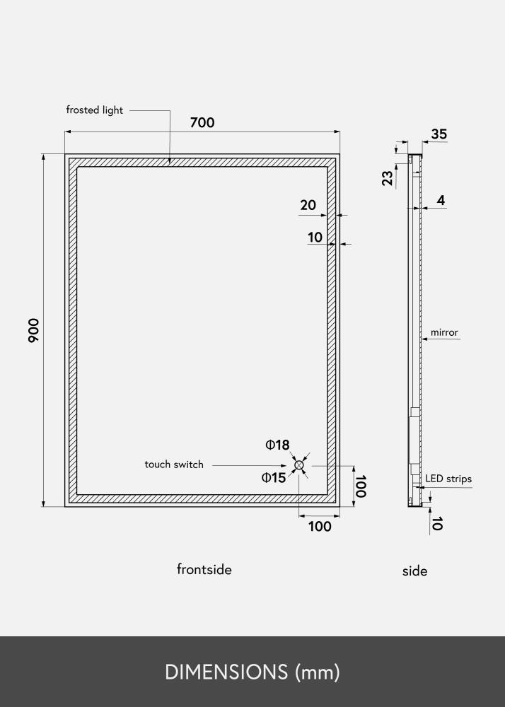 KAILA Spejl Corners LED 70x90 cm