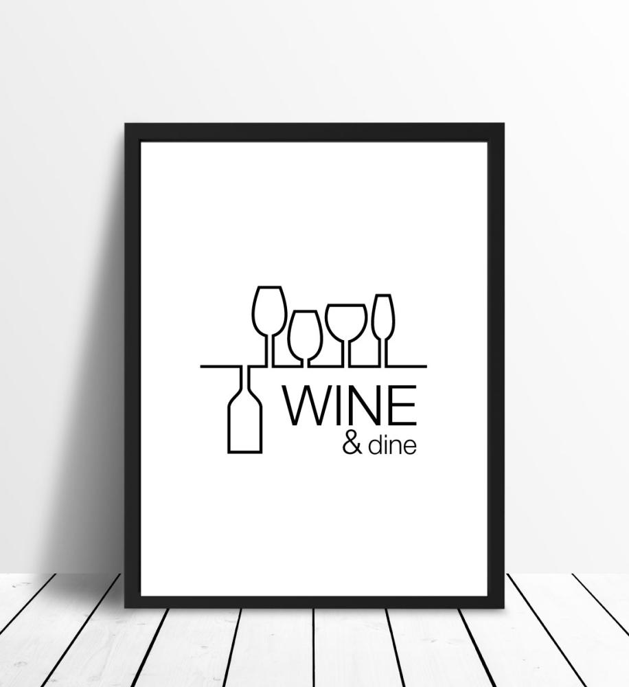 Wine & dine - Hvid med Sort tryk Plakat