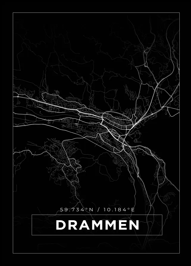 Kort - Drammen - Sort Plakat