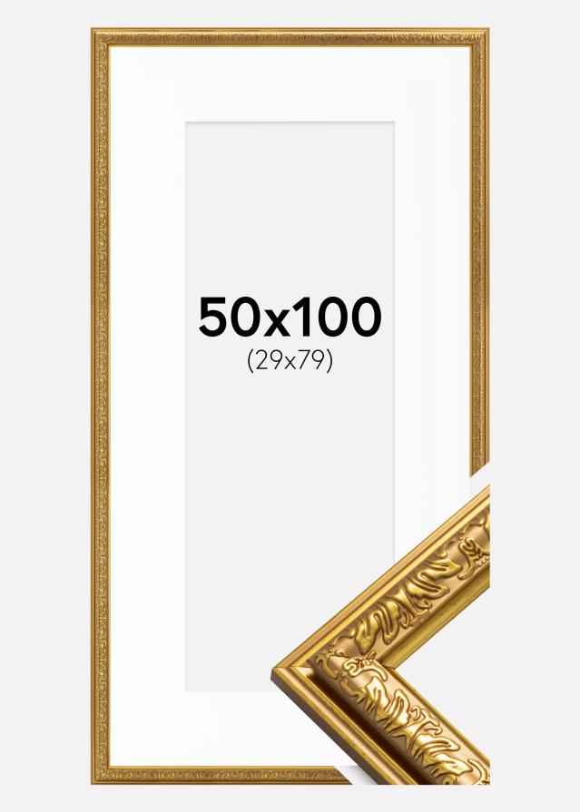 Ramme Nostalgia Guld 50x100 cm - Passepartout Hvid 30x80 cm