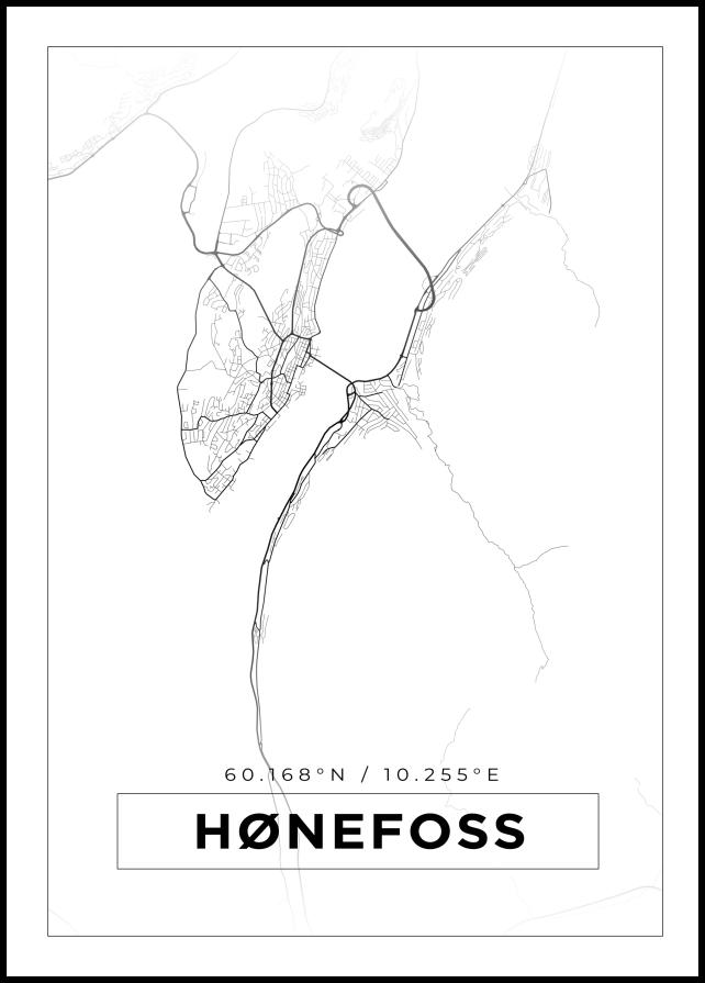 Kort - Hønefoss - Hvid Plakat