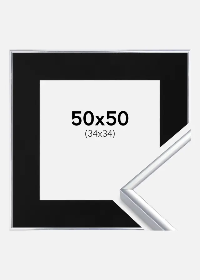 Ramme Aluminium Blank Sølv 50x50 cm - Passepartout Sort 35x35 cm