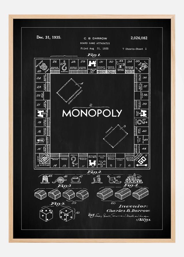 Patenttegning - Monopoly I - Sort Plakat