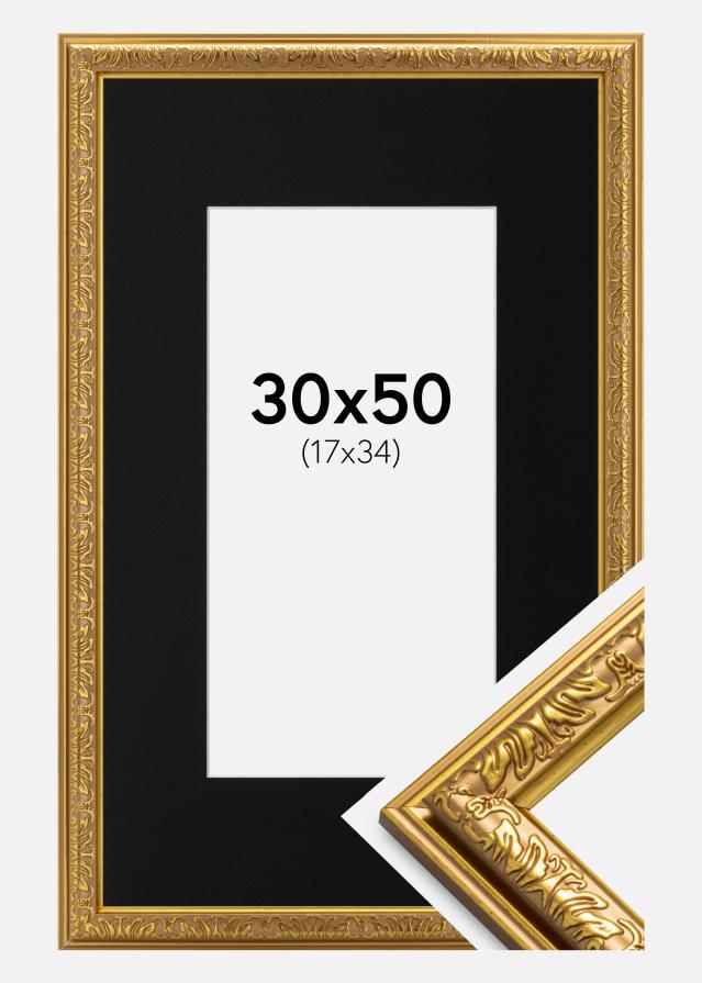 Ramme Nostalgia Guld 30x50 cm - Passepartout Sort 18x35 cm