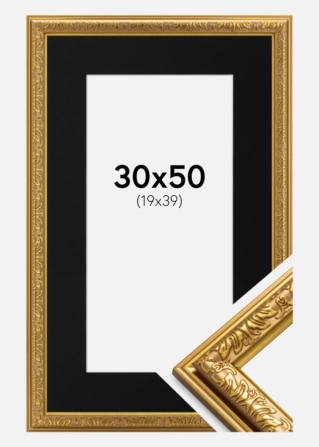 Ramme Nostalgia Guld 30x50 cm - Passepartout Sort 20x40 cm