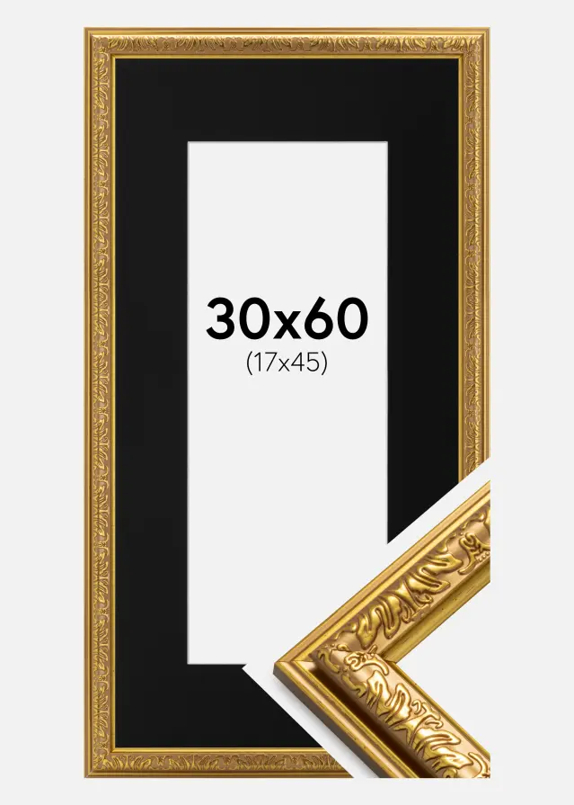 Ramme Nostalgia Guld 30x60 cm - Passepartout Sort 18x46 cm
