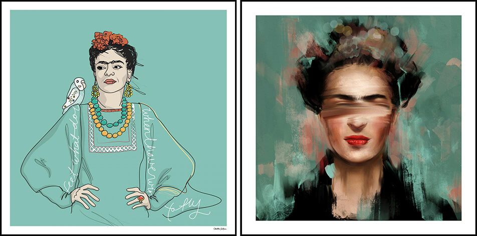 To Frida Kahlo-plakater i grønne farver